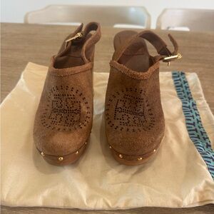 Tory Burch Brown Suede Platform Clog Heels